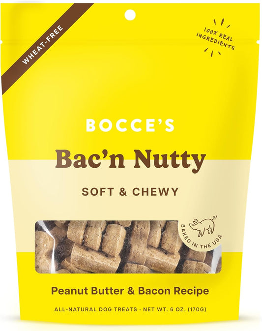 Bocce's Bakery Bac'n Nutty Soft & Chewy Dog Treats, Wheat-Free PB & Bacon Flavored All Natural Limited Ingredient Oven Baked Cookies for Dogs, 6 oz Bag